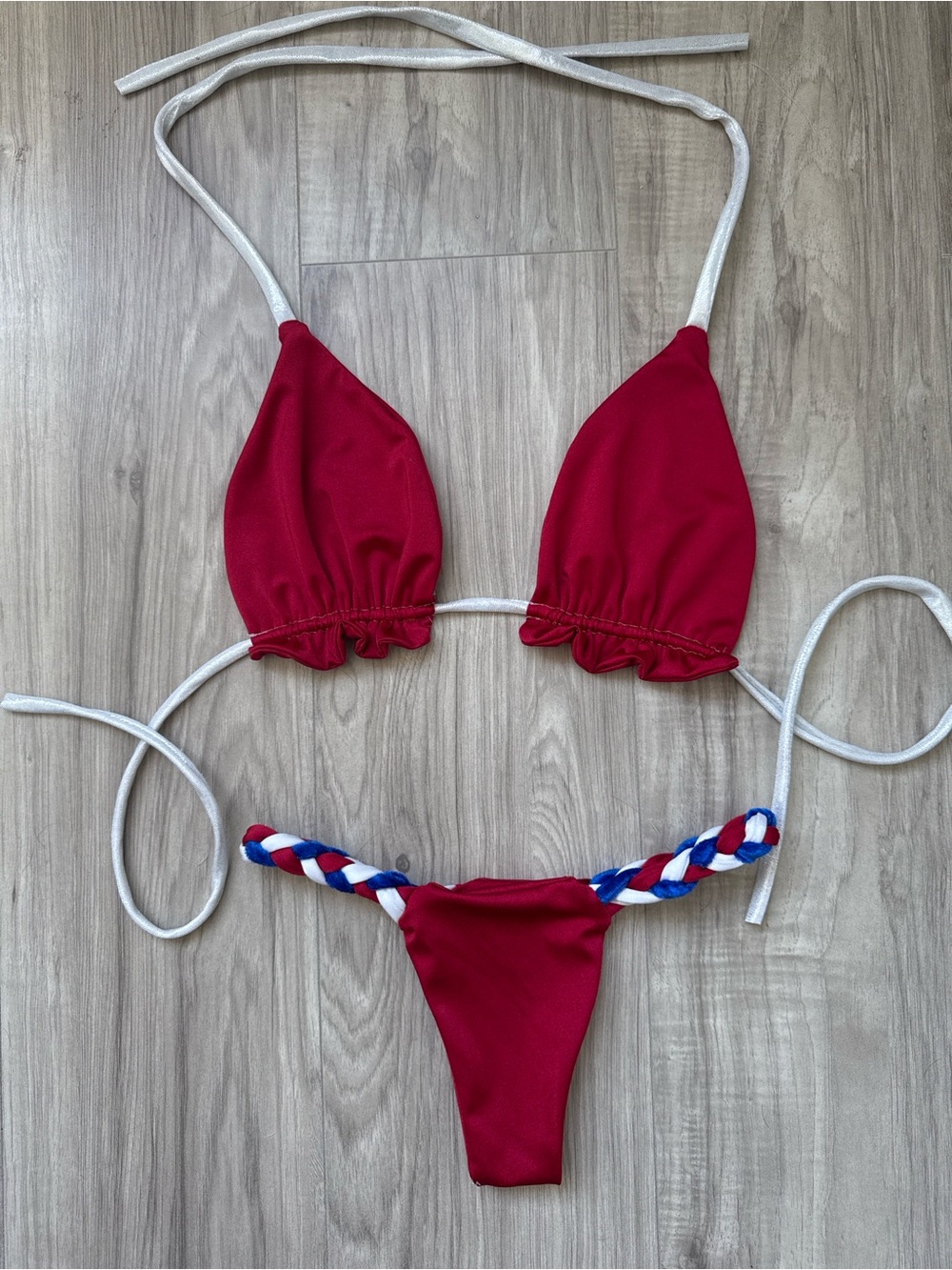 Red Triangle Bikini Set with Braided Side Straps